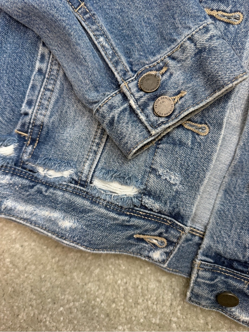 PAIGE Denim Jacket with Pink Sequin Rose and Black Leaf Detail - Picture 5 of 7